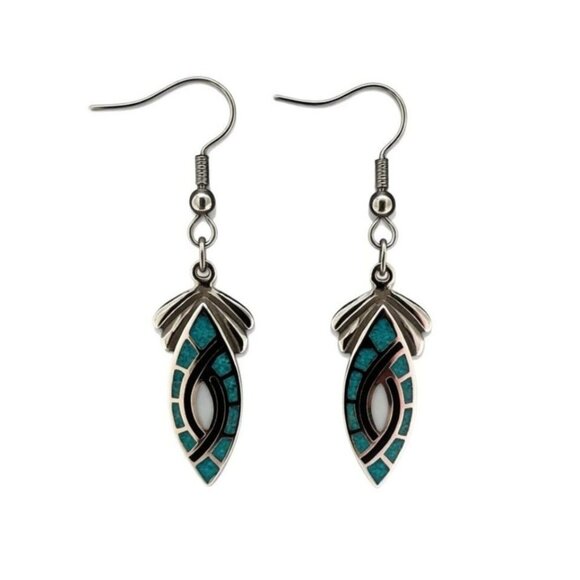 Vintage Silver-Plated Dangle Earrings With Turquoise & White Inlay Leaf Design H - Picture 1 of 6
